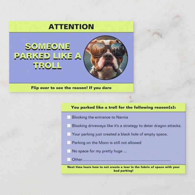 Customize Parked Like a troll, funny parking prank Calling Card (Front/Back)