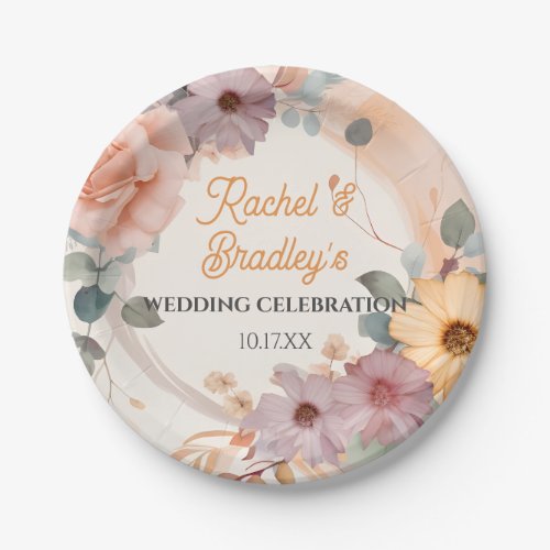 Customize Pastel Floral Wedding Cute Rose Greenery Paper Plates