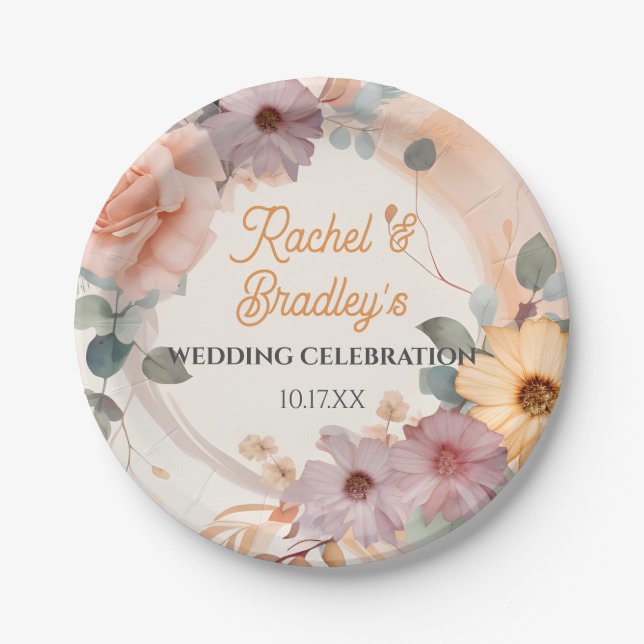 Customize Pastel Floral Wedding Cute Rose Greenery Paper Plates (Front)
