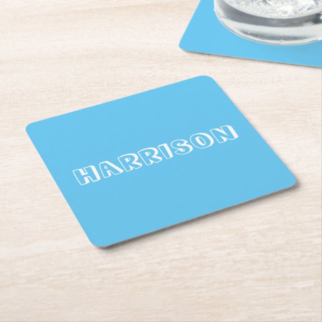 Customize, personalize Birthday Name, text Blue Square Paper Coaster (Angled)
