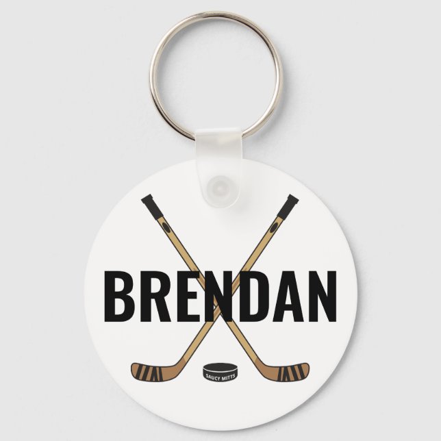 Customize Personalize Hockey Name Hockey Sticks Keychain (Front)