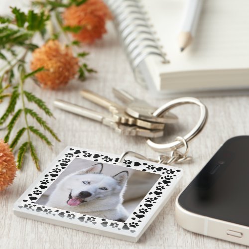 Customize Pet Photo Dog Paw Prints in Hearts Frame Keychain