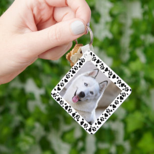 Customize Pet Photo Dog Paw Prints in Hearts Frame Keychain