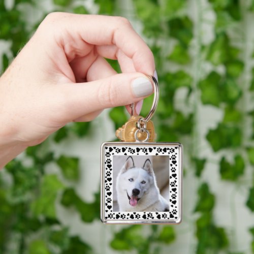 Customize Pet Photo Dog Paw Prints in Hearts Frame Keychain