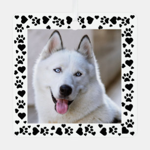 Customize Pet Photo Dog Paw Prints in Hearts Frame Metal Ornament