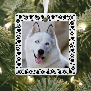 Customize Pet Photo Dog Paw Prints in Hearts Frame Metal Ornament