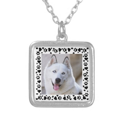 Customize Pet Photo Dog Paw Prints in Hearts Frame Silver Plated Necklace