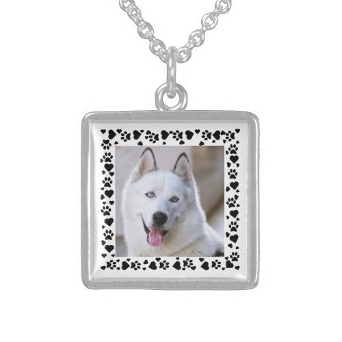 Customize Pet Photo Dog Paw Prints in Hearts Frame Sterling Silver Necklace
