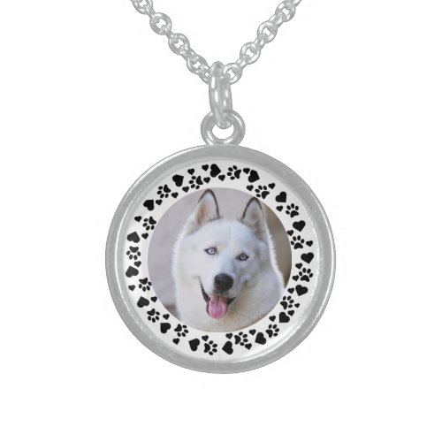 Customize Pet Photo Dog Paw Prints in Hearts Frame Sterling Silver Necklace