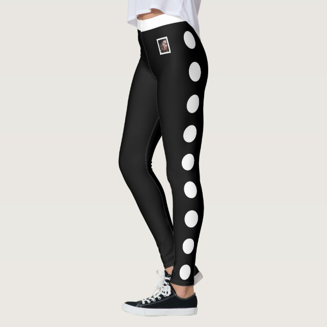 Customize Pet Photo White Polka Dot Pattern Black  Leggings (Left)