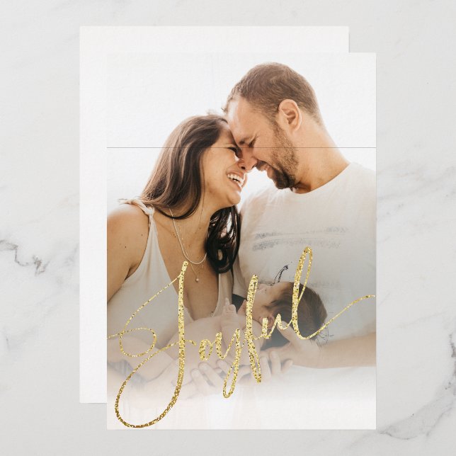 Customize Photo Gold Joyful Merry Christmas Foil Holiday Card (Front/Back)