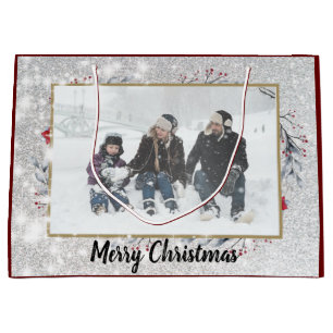 Customize Photo Merry Christmas Wreath  Large Gift Bag