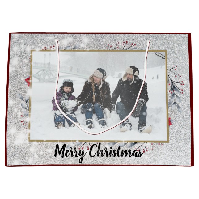 Customize Photo Merry Christmas Wreath  Large Gift Bag (Front)
