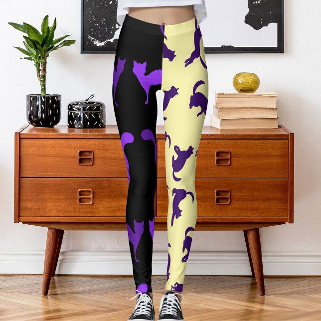 Customize Photo Pet Cat Pattern Purple Cream Black Leggings (Creator Uploaded)