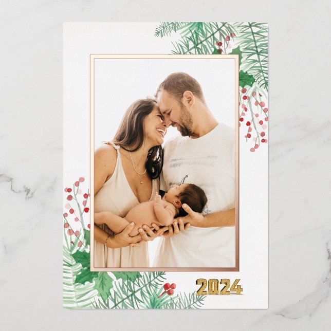 Customize Photo Red  Merry Christmas Foil Holiday Card (Front)