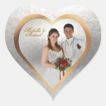 Customize Photo Wedding Gold Silver Heart Sticker by 4westies at Zazzle