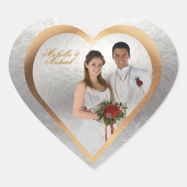 Customize Photo Wedding Gold Silver Heart Sticker (Front)
