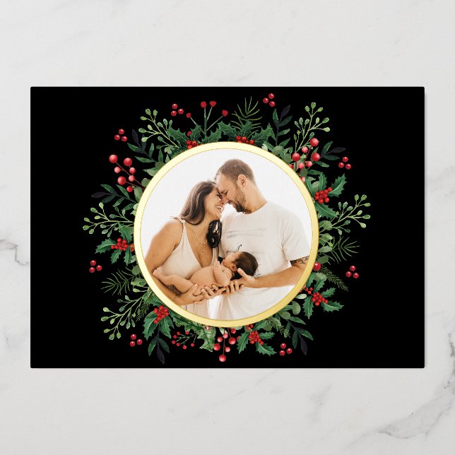 Customize Photo Wreath Merry Christmas Foil Holiday Card (Front)