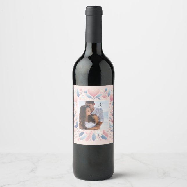 Customize Pink flowers Happy Valentine's Day  Wine Label (Front)
