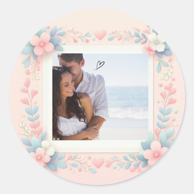 Customize Pink flowers Valentine's Day 2 Photo Classic Round Sticker (Front)