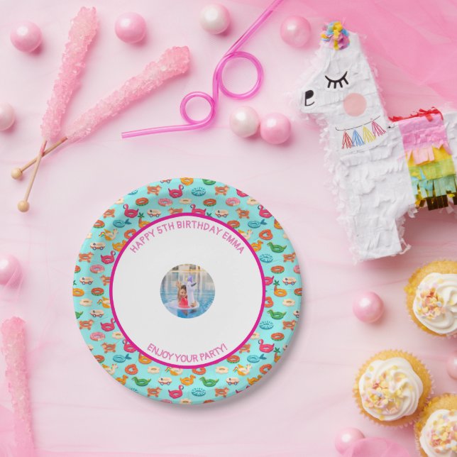 Customize Pool Birthday Party Little Girl Picture Paper Plates (Party)