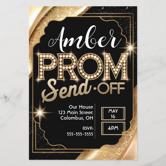 Customize PROM SEND-OFF Sparkling Black and Gold Flyer (Front)