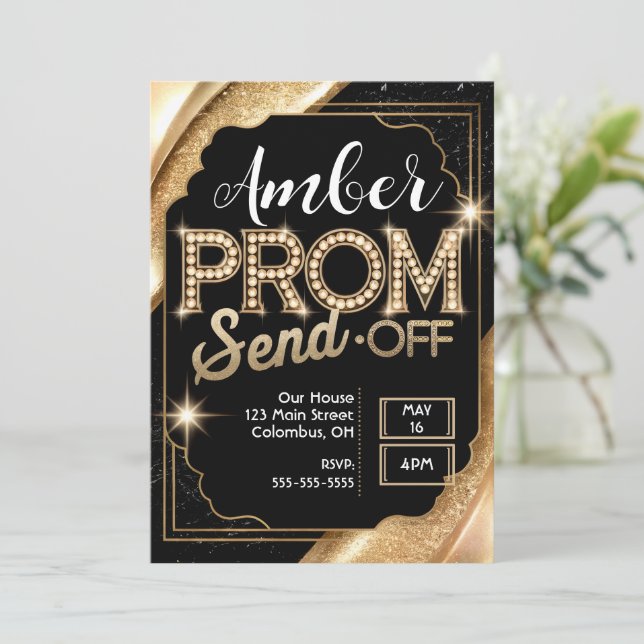 Customize PROM SEND-OFF Sparkling Black and Gold Invitation (Standing Front)
