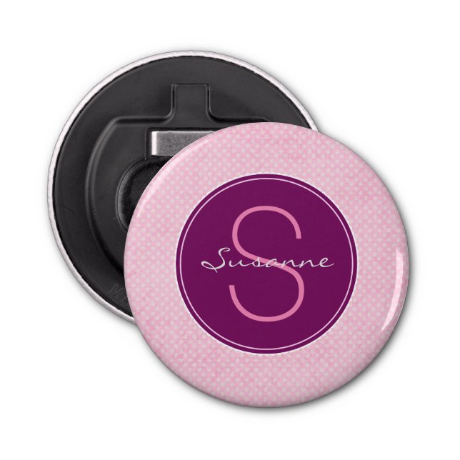 Customize Purple Monogram Circle on Pink Polka Dot Bottle Opener (Front)