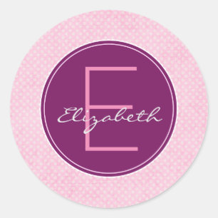Customize Purple Monogram Circle on Pink Polka Dot Classic Round Sticker