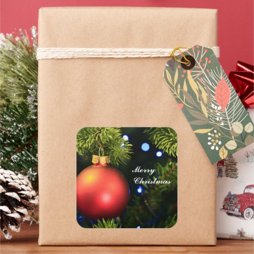 Customize red bauble green Christmas tree festive Square Sticker