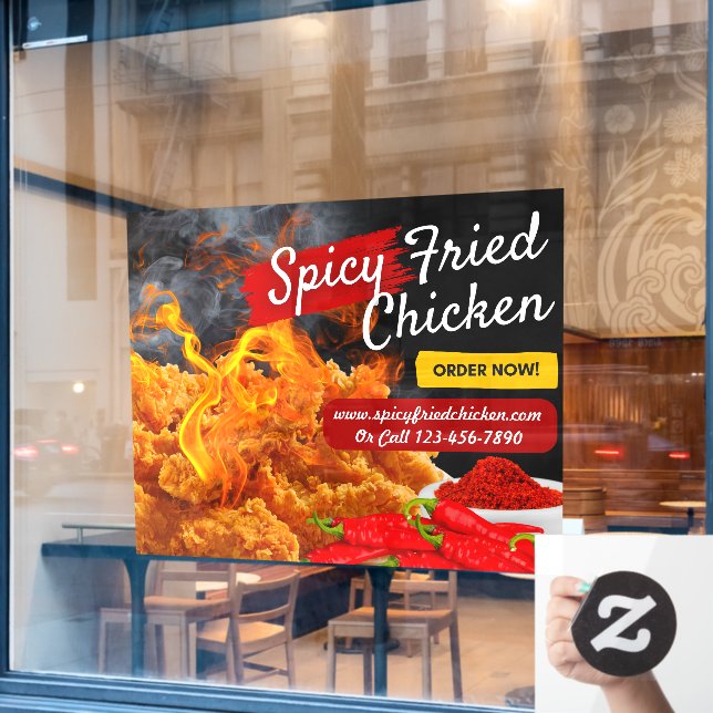Customize Red Black Spicy Fried Chicken Restaurant Window Cling (Cafe Window)