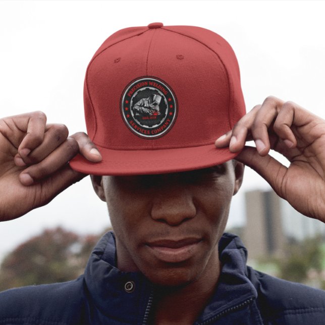 Customize Red Black Welding Contractor Busine Logo Snap Back Hat (Creator Uploaded)