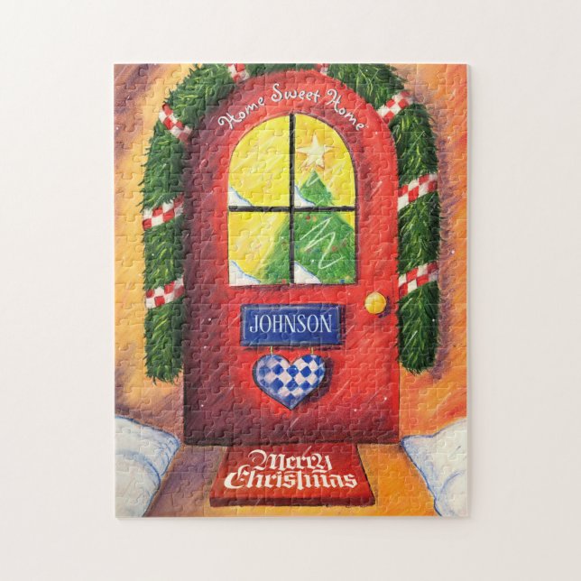 Customize Red Merry Christmas Front Door Home Jigsaw Puzzle (Vertical)