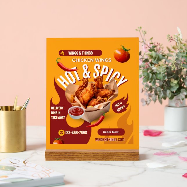 Customize Red Orange Modern Spicy Chicken Wings Acrylic Sign (Wedding)
