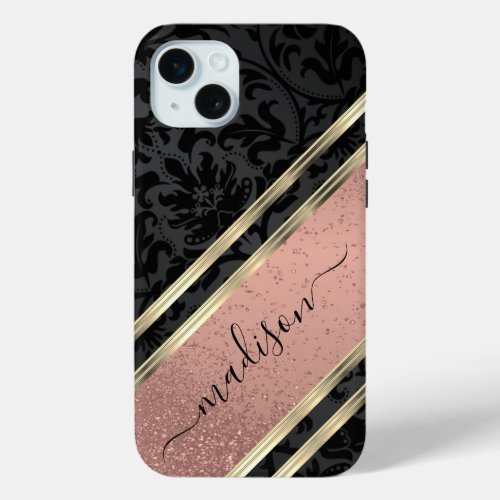 Customize Rose Gold Glitter and Black Damask  iPhone 15 Plus Case