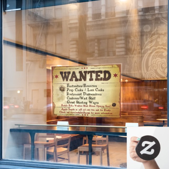 Customize Rustic Western Restaurant Help Wanted Window Cling (Cafe Window)