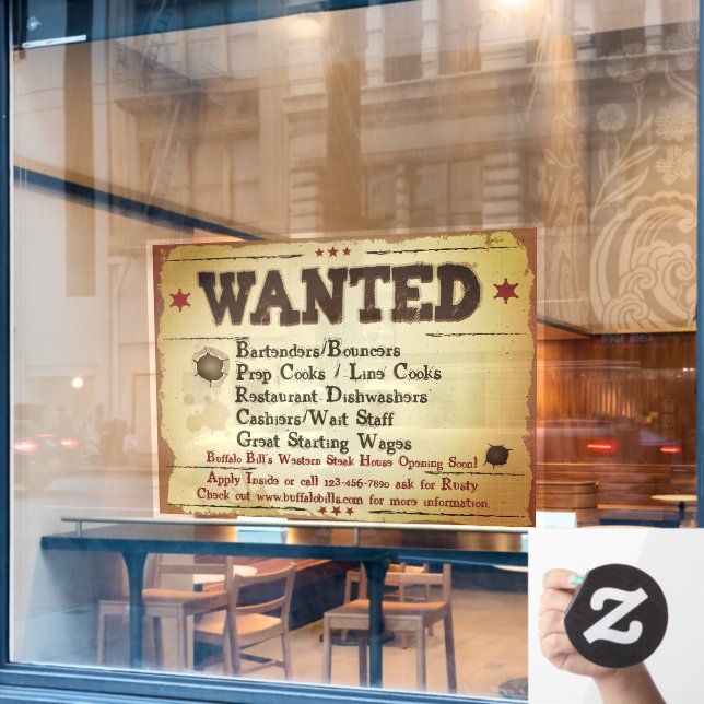 Customize Rustic Western Restaurant Help Wanted Window Cling (Cafe Window)