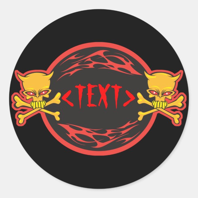 Customize Skulls and Flames Design, <TEXT> Classic Round Sticker (Front)