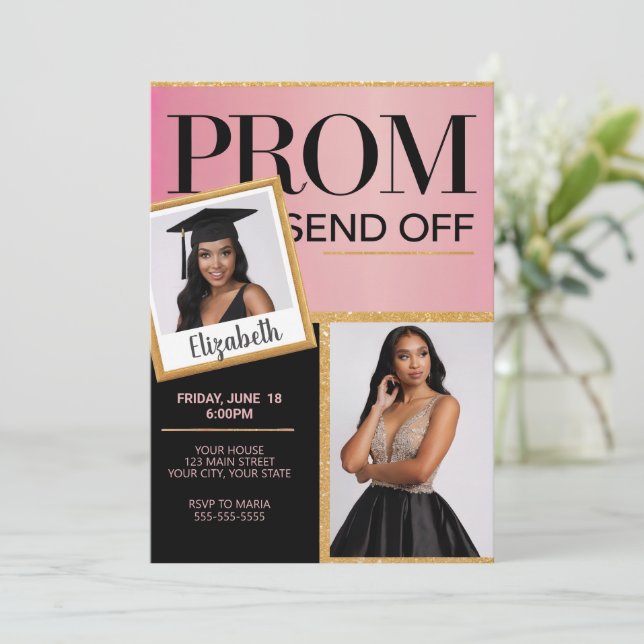 Customize Sparkling Pink Black Prom Send Off Photo Invitation (Standing Front)