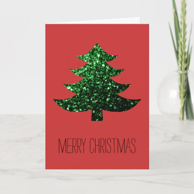 Customize Sparkly Christmas tree green sparkle Red Holiday Card (Front)