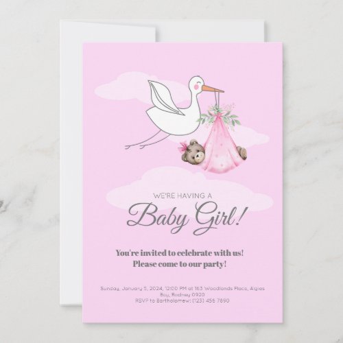 Customize Stork Pink Baby Girl Shower Invitation