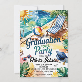 Customize Sun Lounge Chair Graduation Pool Party Invitation