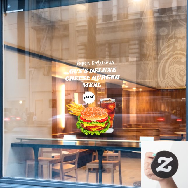 Customize Super Delicious Burger Meal Custom Price Window Cling (Cafe Window)