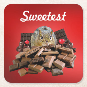 Customize Sweetest Day Chocolate Chipmunk Square Paper Coaster