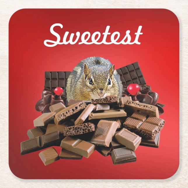 Customize Sweetest Day Chocolate Chipmunk Square Paper Coaster (Front)