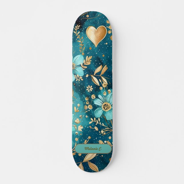 Customize Teal & Gold Floral Skateboard  (Front)