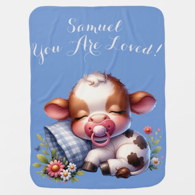 Customize Text Baby Cow Napping Blanket (Front)
