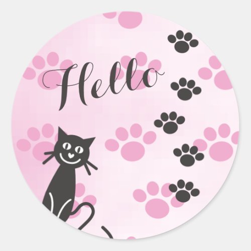 Customize Text Cat  Pink Black Paw Prints Classic Round Sticker