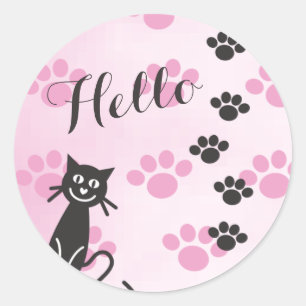 Customize Text Cat © Pink Black Paw Prints Classic Round Sticker