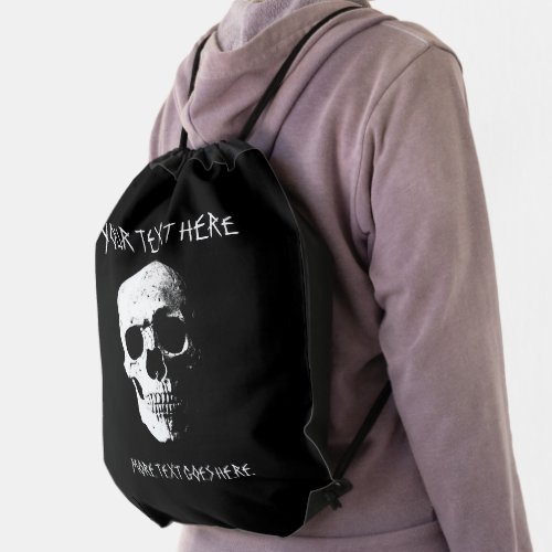 Customize Text Template Black  White Popart Skull Drawstring Bag